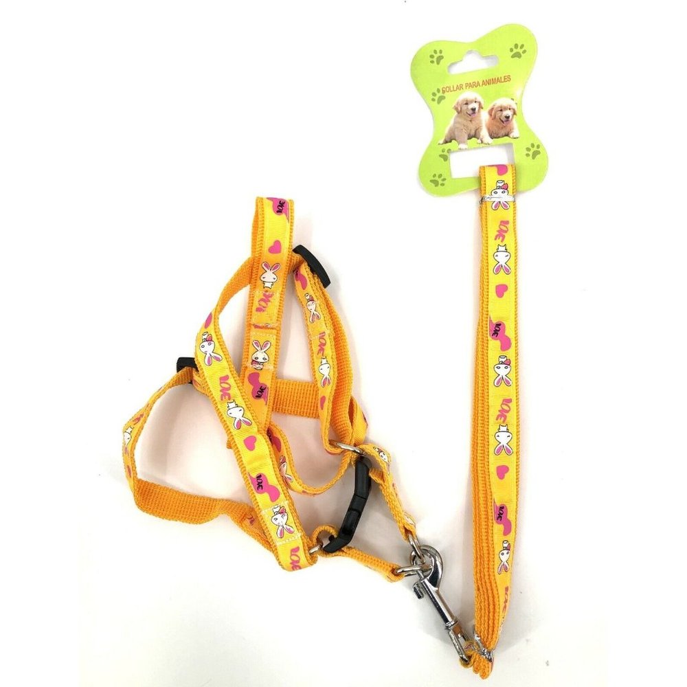 Dog Harness And Leash Yellow Adjustable Bunny & Love Theme Size Med Adjustable